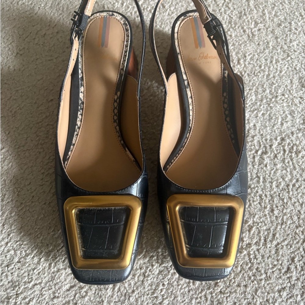 Sam Edelman Black Croc-Embossed Slingback Heels with Gold Buckle